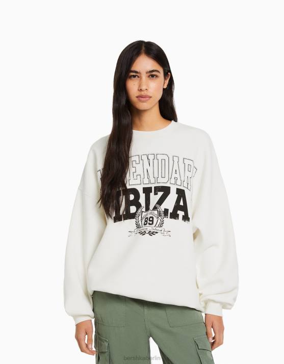 Creme Bershka Frauen Bedrucktes Langarm-Sweatshirt H00J1237