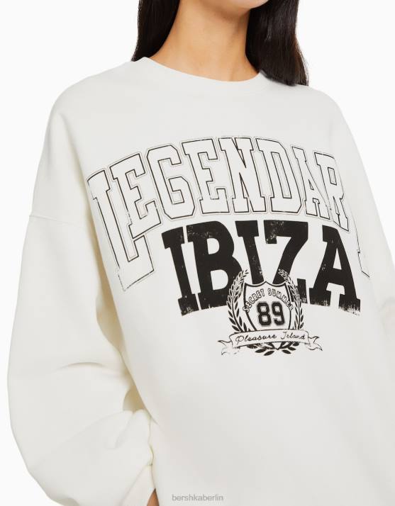 Creme Bershka Frauen Bedrucktes Langarm-Sweatshirt H00J1237