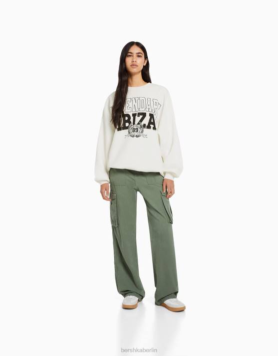 Creme Bershka Frauen Bedrucktes Langarm-Sweatshirt H00J1237