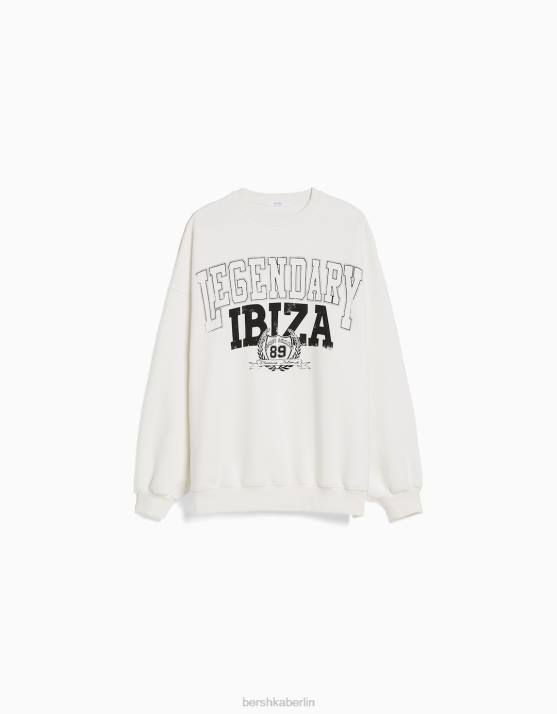 Creme Bershka Frauen Bedrucktes Langarm-Sweatshirt H00J1237