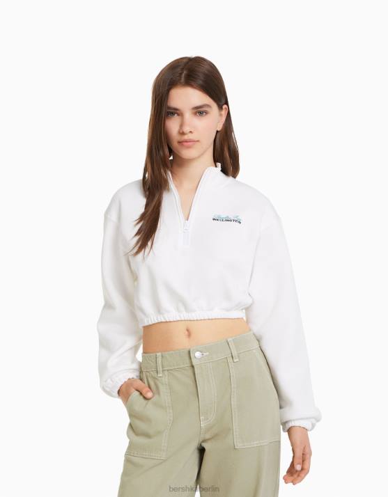 Creme Bershka Frauen Bedrucktes Sweatshirt mit Reißverschluss H00J1257