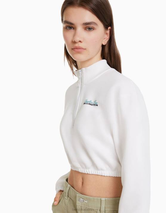 Creme Bershka Frauen Bedrucktes Sweatshirt mit Reißverschluss H00J1257