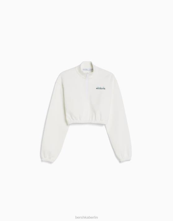 Creme Bershka Frauen Bedrucktes Sweatshirt mit Reißverschluss H00J1257