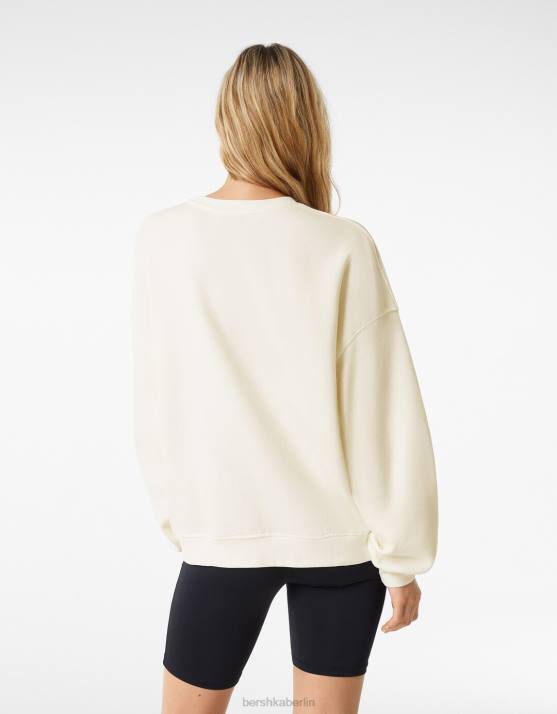 Creme Bershka Frauen Übergroßes bedrucktes Sweatshirt H00J1222