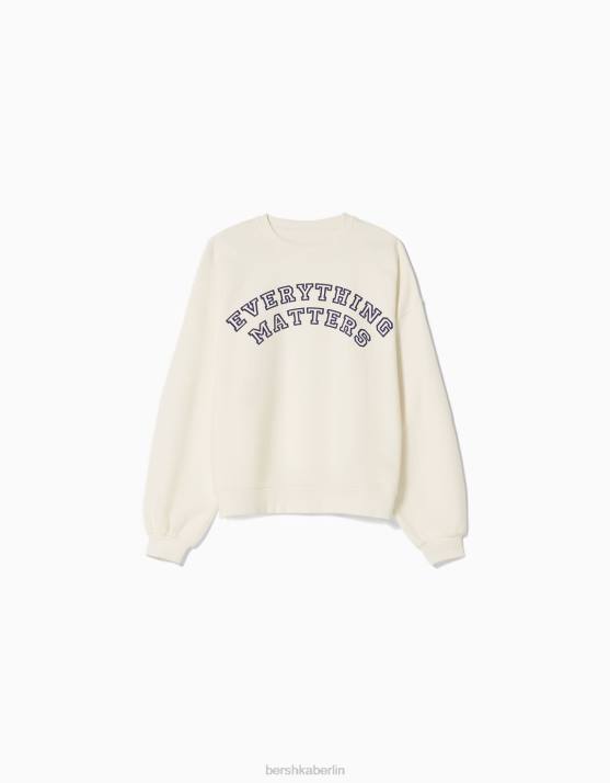 Creme Bershka Frauen Übergroßes bedrucktes Sweatshirt H00J1222