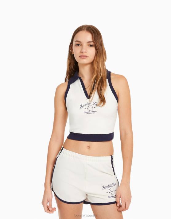 Creme Bershka Frauen Ärmelloses Sweatshirt mit Aufdruck und Polokragen H00J1255