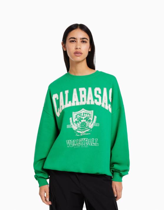 Grün Bershka Frauen Bedrucktes Langarm-Sweatshirt H00J1235