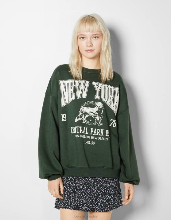 Grün Bershka Frauen Übergroßes bedrucktes Sweatshirt H00J1232