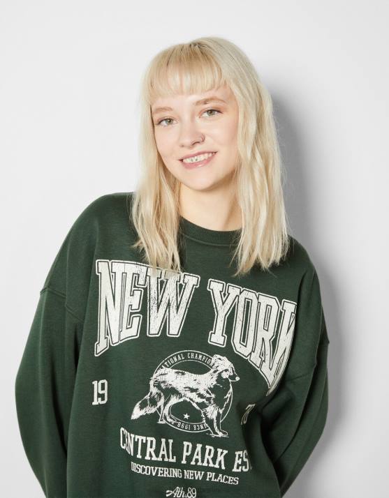 Grün Bershka Frauen Übergroßes bedrucktes Sweatshirt H00J1232