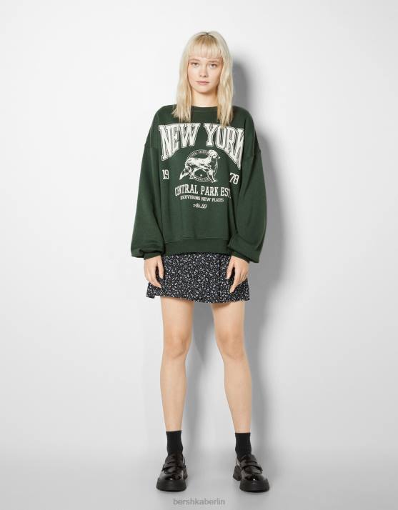 Grün Bershka Frauen Übergroßes bedrucktes Sweatshirt H00J1232