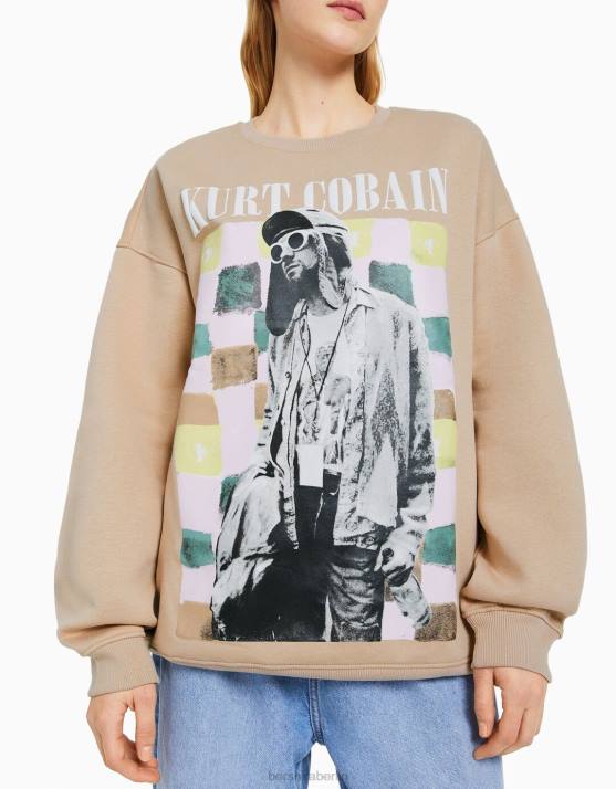 Kamel Bershka Frauen Sweatshirt mit Kurt-Cobain-Print H00J1251