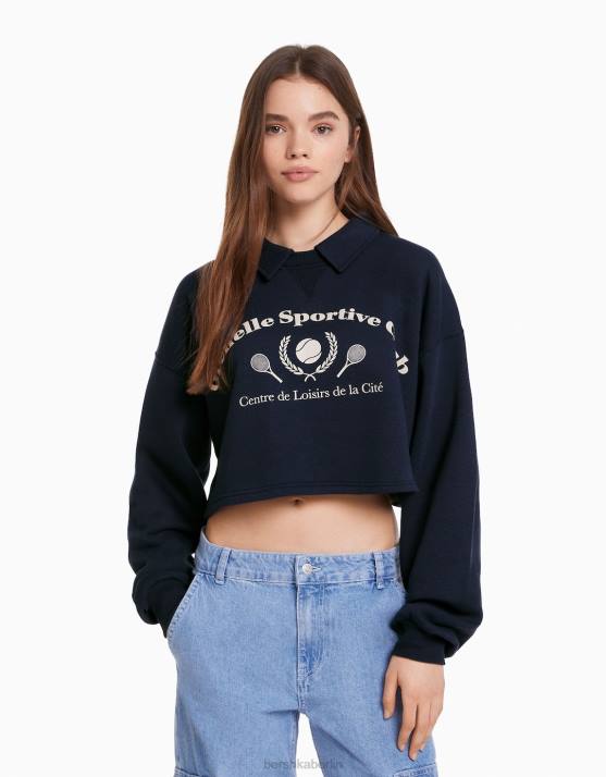 Marine Bershka Frauen Bedrucktes Sweatshirt mit Polokragen H00J1258