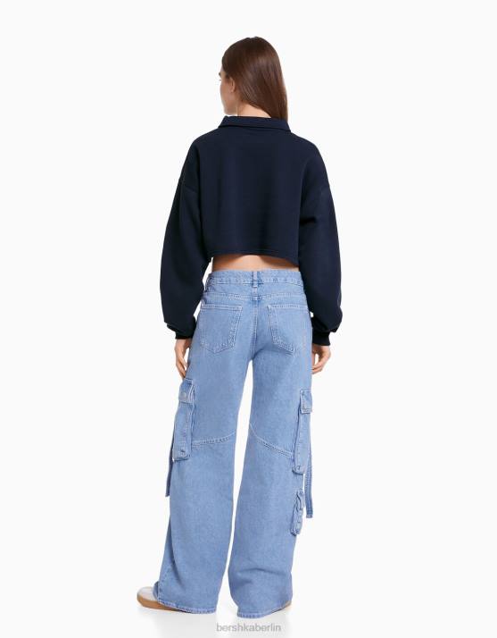 Marine Bershka Frauen Bedrucktes Sweatshirt mit Polokragen H00J1258