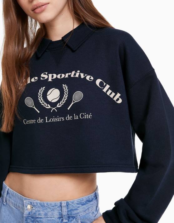 Marine Bershka Frauen Bedrucktes Sweatshirt mit Polokragen H00J1258