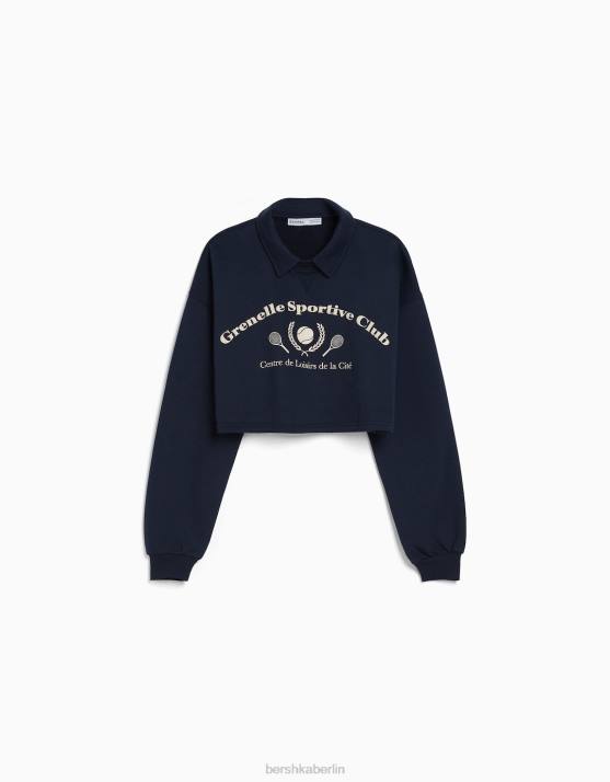 Marine Bershka Frauen Bedrucktes Sweatshirt mit Polokragen H00J1258