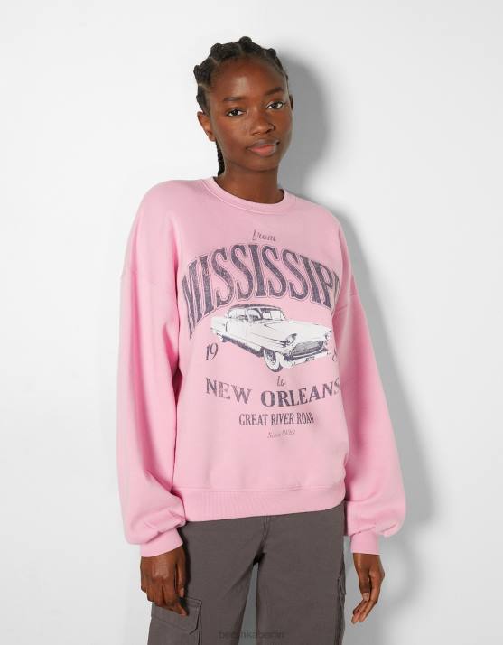 Rosa Bershka Frauen Übergroßes bedrucktes Sweatshirt H00J1223