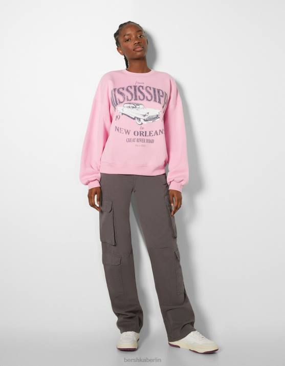 Rosa Bershka Frauen Übergroßes bedrucktes Sweatshirt H00J1223