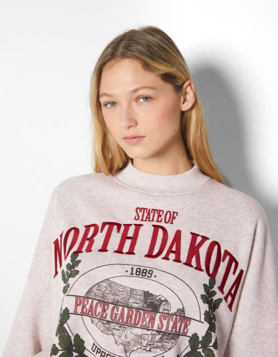 Sand Bershka Frauen Sweatshirt mit besticktem Aufdruck H00J1233