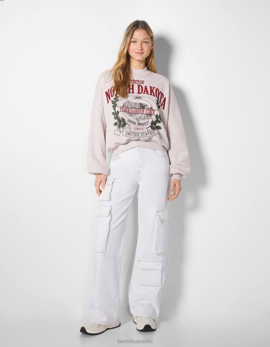 Sand Bershka Frauen Sweatshirt mit besticktem Aufdruck H00J1233