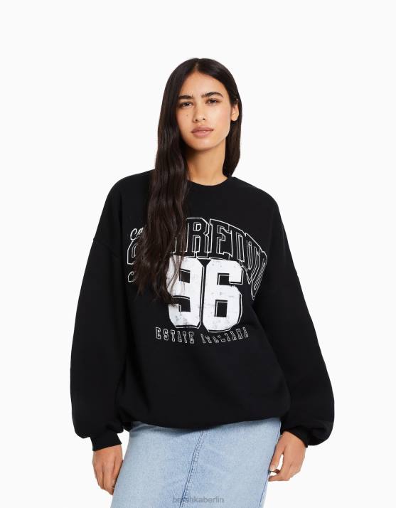 Schwarz Bershka Frauen Bedrucktes Langarm-Sweatshirt H00J1236