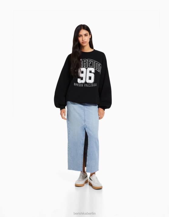 Schwarz Bershka Frauen Bedrucktes Langarm-Sweatshirt H00J1236