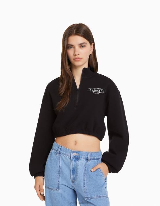 Schwarz Bershka Frauen Bedrucktes Sweatshirt mit Reißverschluss H00J1256