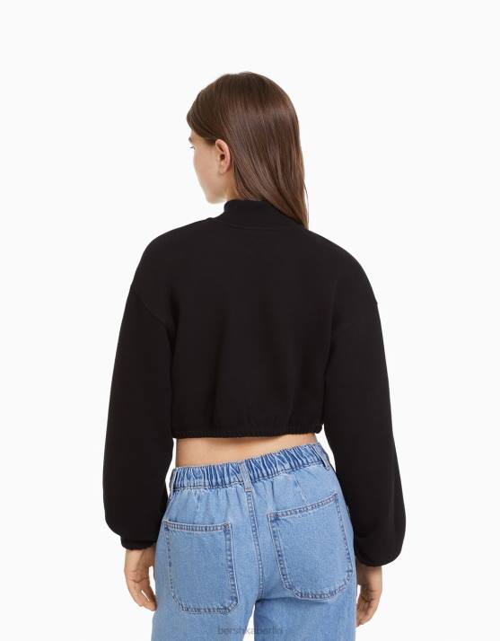 Schwarz Bershka Frauen Bedrucktes Sweatshirt mit Reißverschluss H00J1256