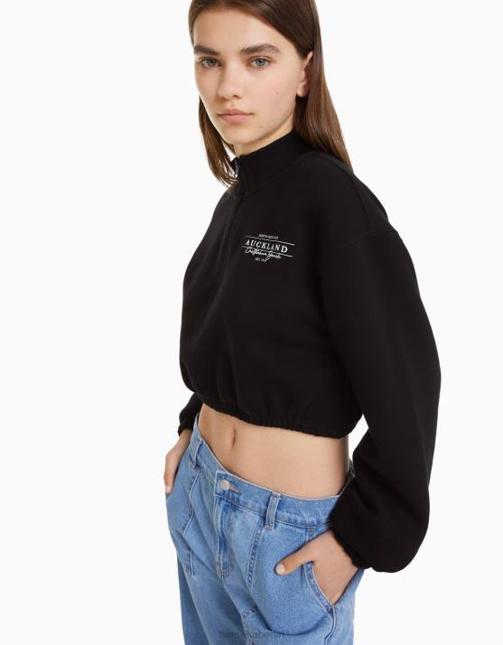 Schwarz Bershka Frauen Bedrucktes Sweatshirt mit Reißverschluss H00J1256