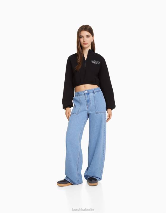 Schwarz Bershka Frauen Bedrucktes Sweatshirt mit Reißverschluss H00J1256