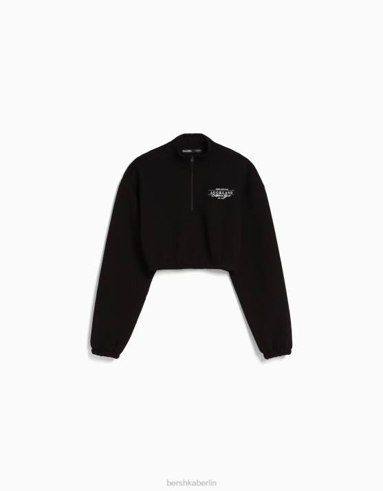 Schwarz Bershka Frauen Bedrucktes Sweatshirt mit Reißverschluss H00J1256
