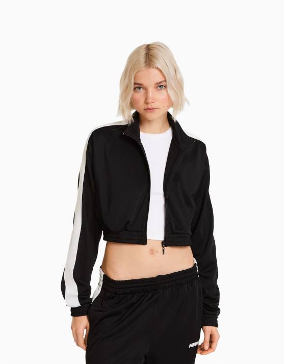 Schwarz Bershka Frauen Sweatshirt mit Reißverschluss und Seitenstreifen H00J1239