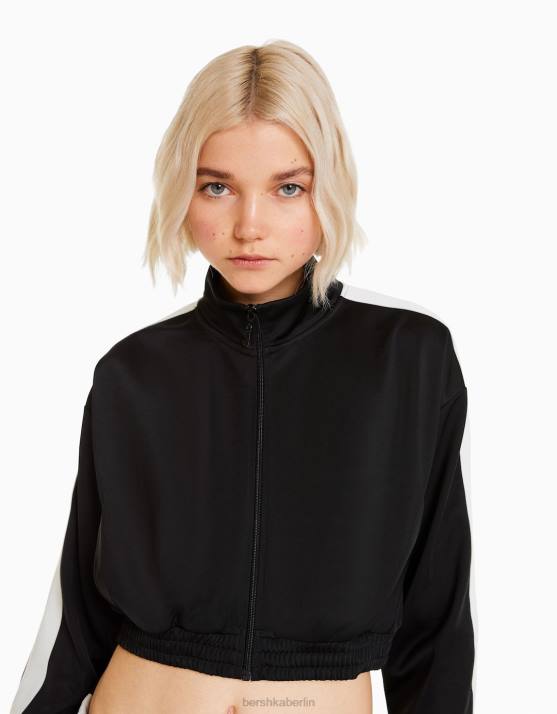 Schwarz Bershka Frauen Sweatshirt mit Reißverschluss und Seitenstreifen H00J1239
