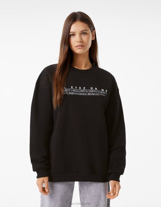 Schwarz Bershka Frauen Tupac-Sweatshirt mit Rundhalsausschnitt H00J2075