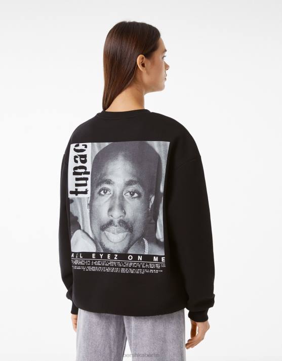 Schwarz Bershka Frauen Tupac-Sweatshirt mit Rundhalsausschnitt H00J2075