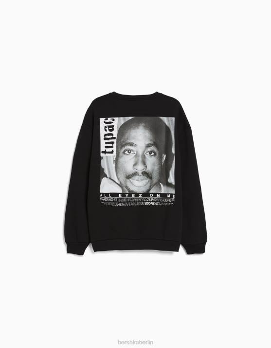 Schwarz Bershka Frauen Tupac-Sweatshirt mit Rundhalsausschnitt H00J2075