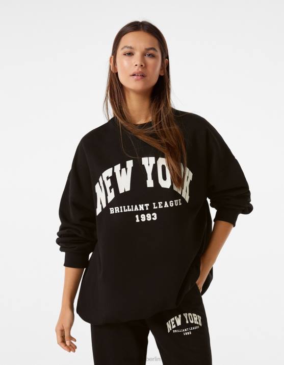Schwarz Bershka Frauen Übergroßes bedrucktes Sweatshirt H00J1244