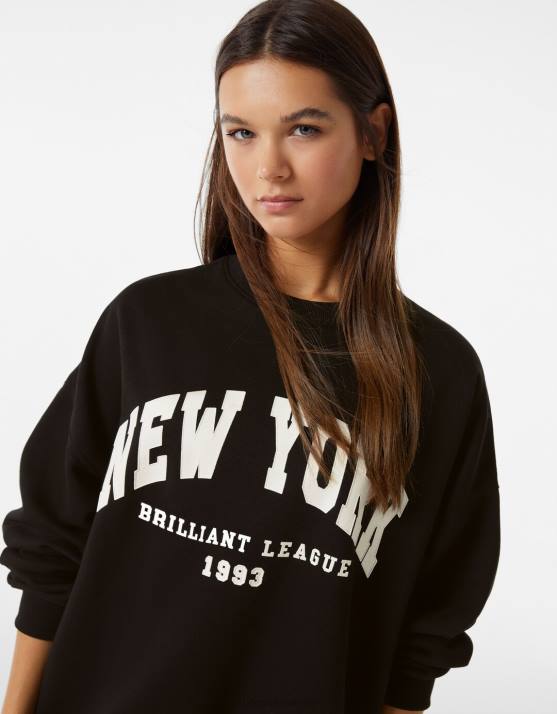 Schwarz Bershka Frauen Übergroßes bedrucktes Sweatshirt H00J1244