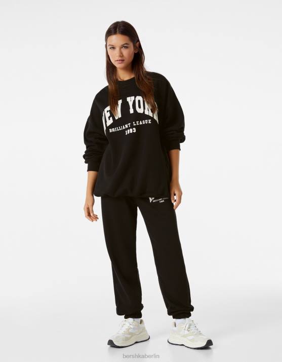 Schwarz Bershka Frauen Übergroßes bedrucktes Sweatshirt H00J1244