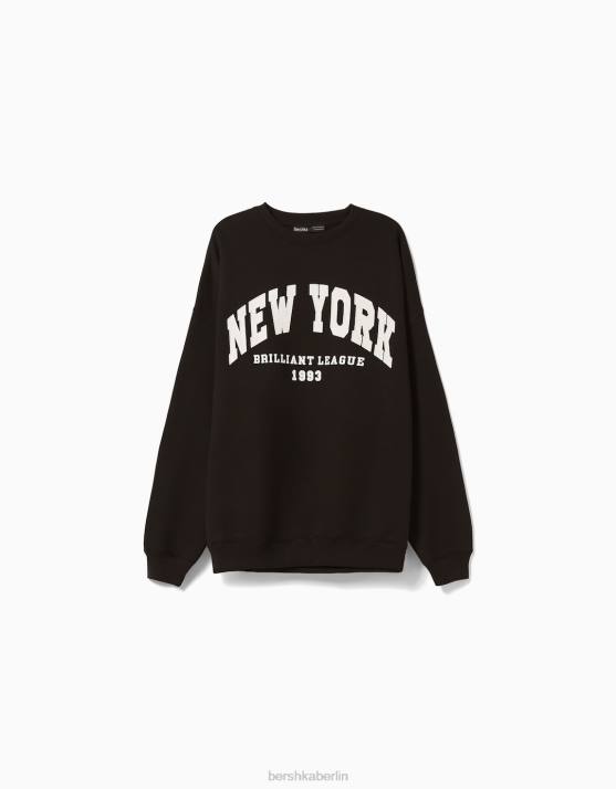 Schwarz Bershka Frauen Übergroßes bedrucktes Sweatshirt H00J1244