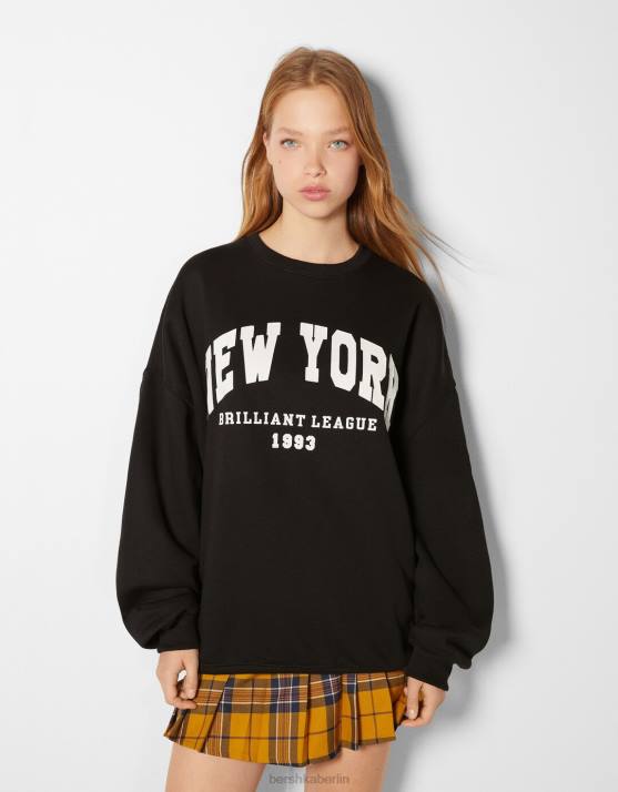 Schwarz Bershka Frauen Übergroßes bedrucktes Sweatshirt H00J1247