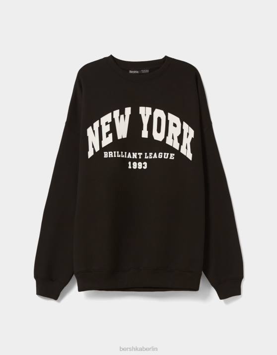 Schwarz Bershka Frauen Übergroßes bedrucktes Sweatshirt H00J1247