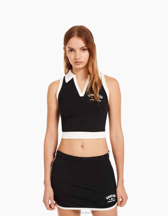 Schwarz Bershka Frauen Ärmelloses Sweatshirt mit Aufdruck und Polokragen H00J1254