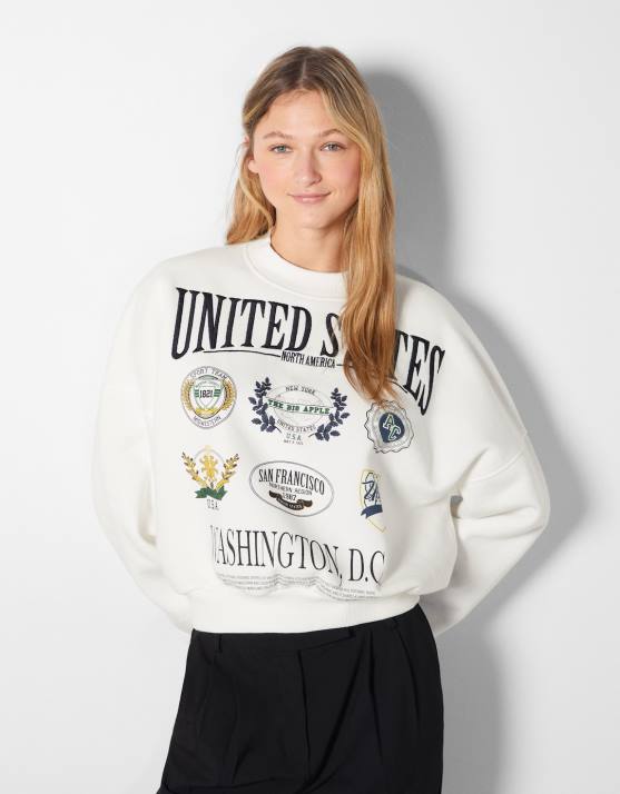 Weiss Bershka Frauen Sweatshirt mit besticktem Aufdruck H00J1234