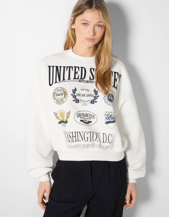 Weiss Bershka Frauen Sweatshirt mit besticktem Aufdruck H00J1234