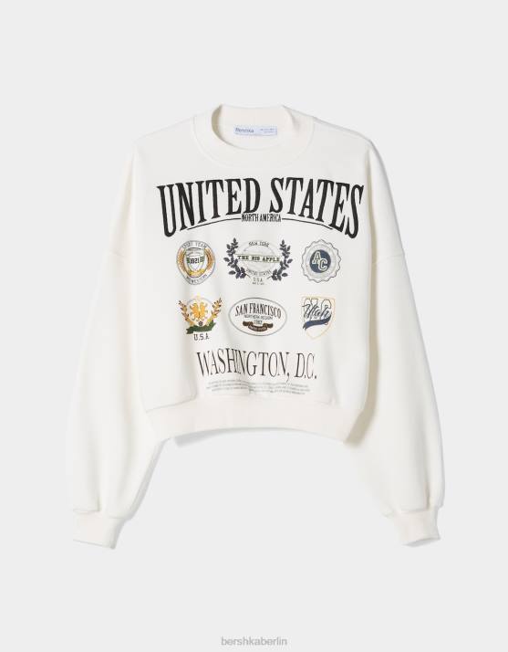 Weiss Bershka Frauen Sweatshirt mit besticktem Aufdruck H00J1234