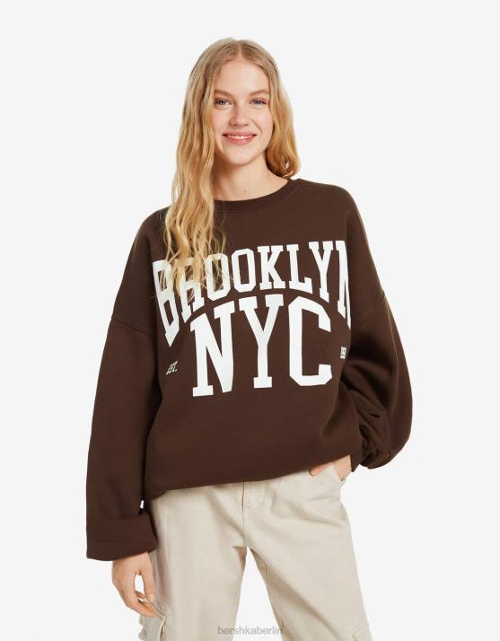 braun Bershka Frauen Übergroßes bedrucktes Sweatshirt H00J1245