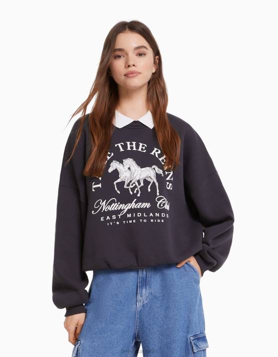 dunkelgrau Bershka Frauen Bedrucktes Sweatshirt mit Polokragen H00J1277