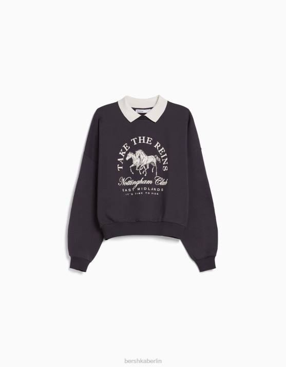 dunkelgrau Bershka Frauen Bedrucktes Sweatshirt mit Polokragen H00J1277
