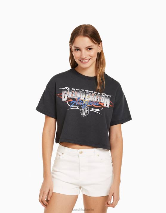 dunkelgrau Bershka Frauen Kurzärmliges, kurzärmliges, bedrucktes Sweatshirt H00J639