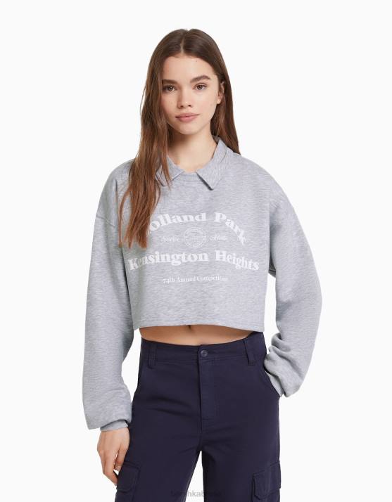 grau Bershka Frauen Bedrucktes Sweatshirt mit Polokragen H00J1261